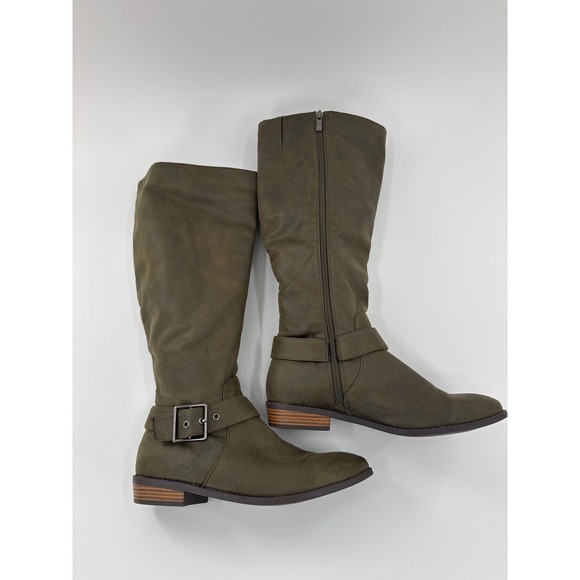 Journee Women's Olive Green Knee High Boots Buckle Side Zip Faux Suede Size 7.5 - Picture 3 of 7